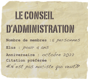       Le conseil d’administration
Nombre de membres :5 personnesElus : pour 4 ansAnniversaire : octobre 2022Citation préférée : 
«N’est pas nuciste qui veut»